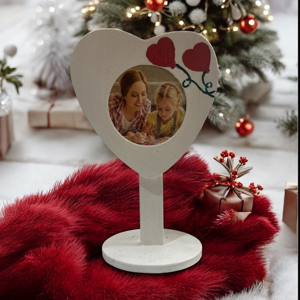 Handmade Heart-Shaped Photo Frame with Red Painted Heart Accents